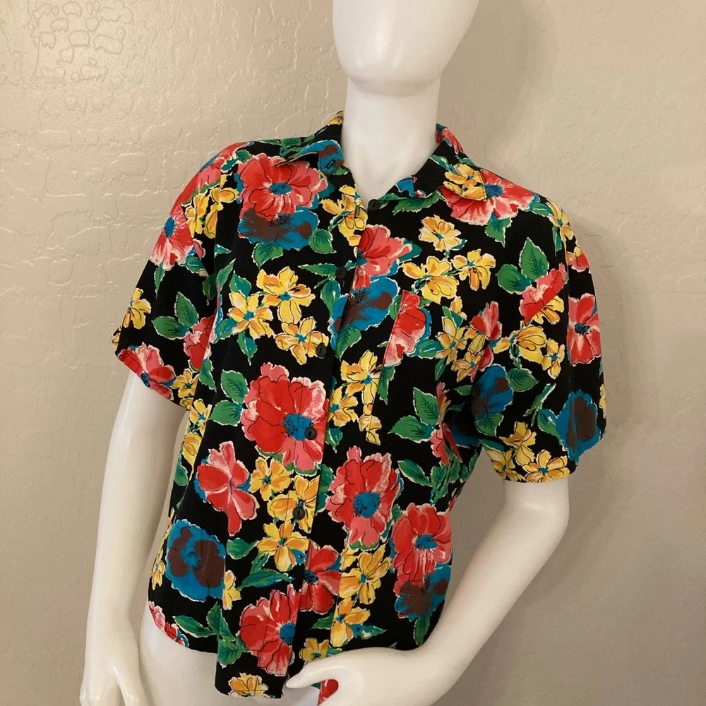 Vintage You Babes Floral Print Hawaiian Button Down Blouse Small
